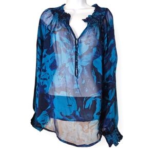 Love 21 sheer smocked blue silk blouse top Womens Medium